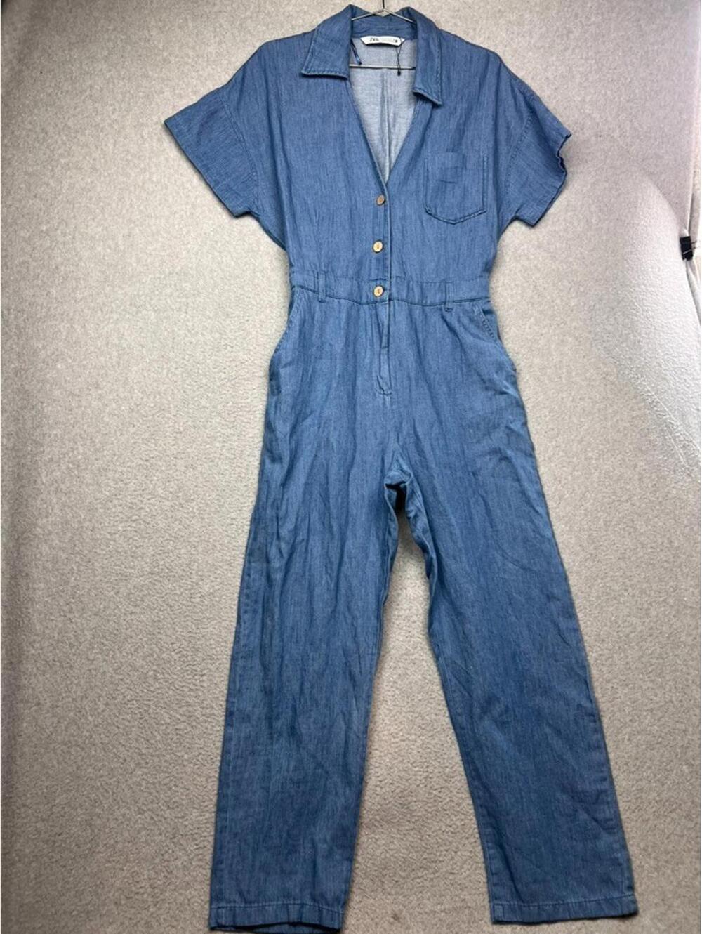 Zara Womens Blue Denim Jumpsuit M Short Sleeve Wide Leg Boho Coastal Minimalist